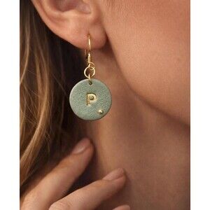 Sage Green Polymer Clay Initial Earrings, Gold Letter Gift for Her